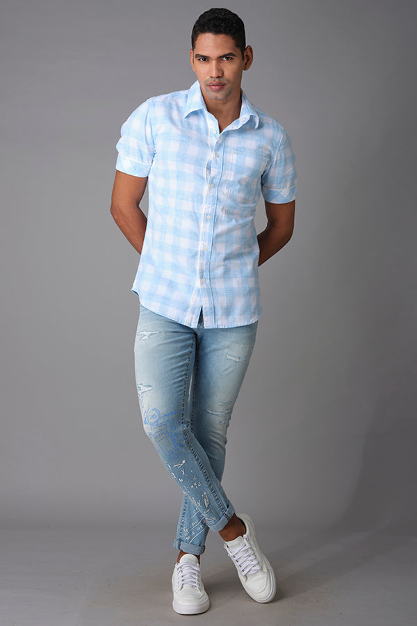 Sky Blue Half Sleeve Check Shirt (Axel H/Slv Fit)