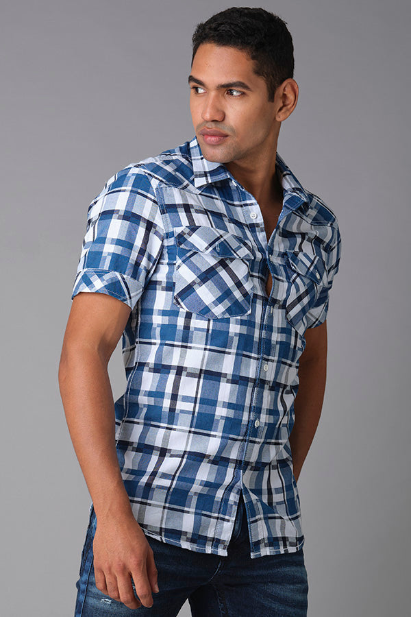 Indigo Blue Half Sleeve Check Shirt (Axel H/Slv Fit)