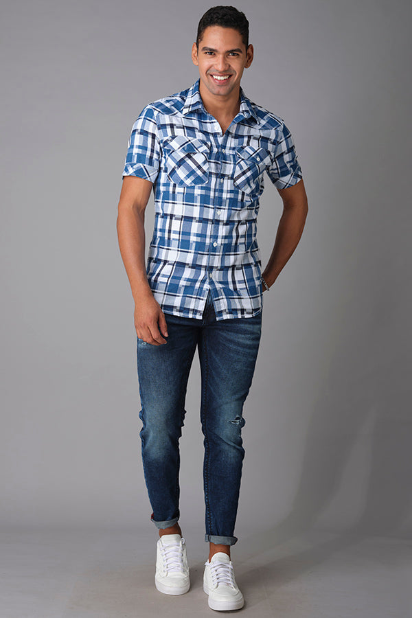 Indigo Blue Half Sleeve Check Shirt (Axel H/Slv Fit)