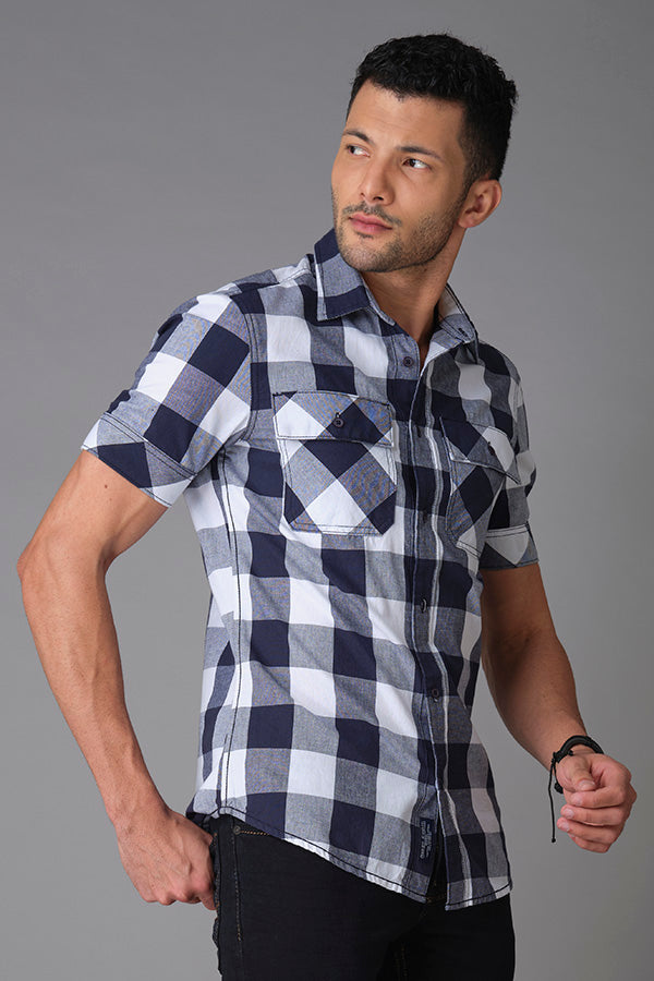 Navy White Half Sleeve Check Shirt (Axel H/Slv Fit)