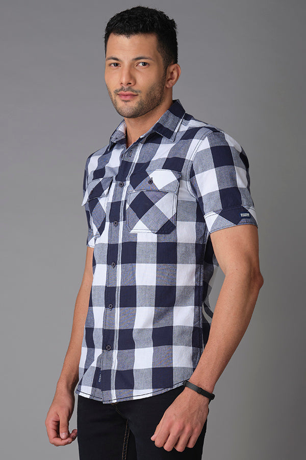 Navy White Half Sleeve Check Shirt (Axel H/Slv Fit)