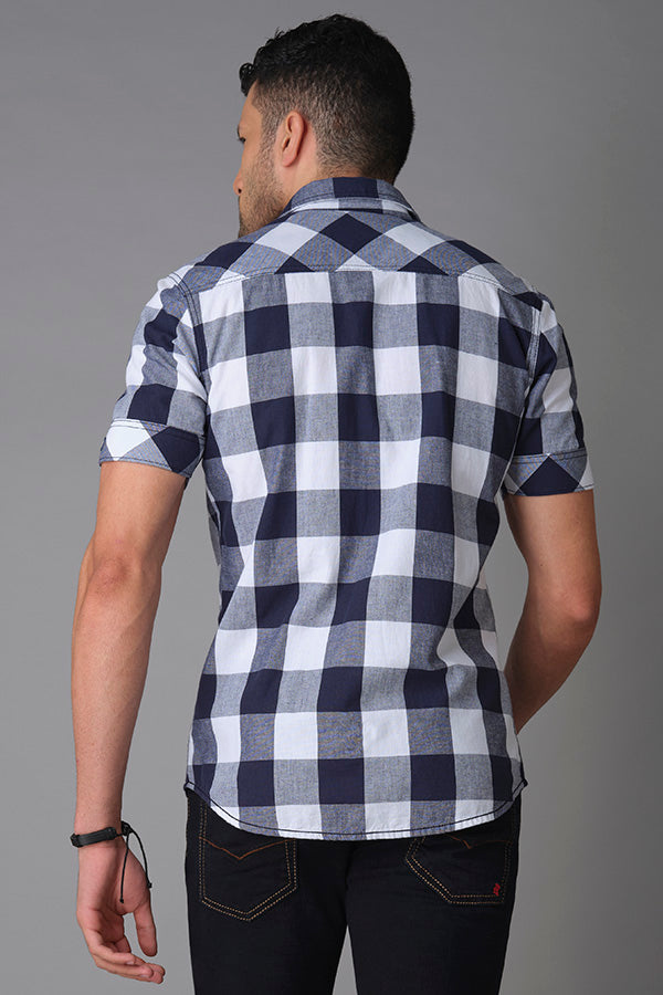 Navy White Half Sleeve Check Shirt (Axel H/Slv Fit)