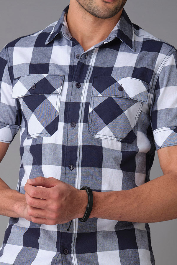 Navy White Half Sleeve Check Shirt (Axel H/Slv Fit)