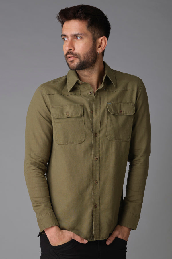 Olive Full Sleeve Linen Shirt (Zack F/Slv Fit)