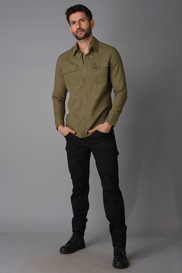 Olive Full Sleeve Linen Shirt (Zack F/Slv Fit)