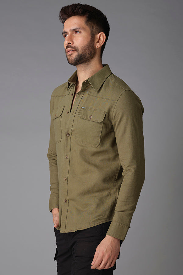 Olive Full Sleeve Linen Shirt (Zack F/Slv Fit)