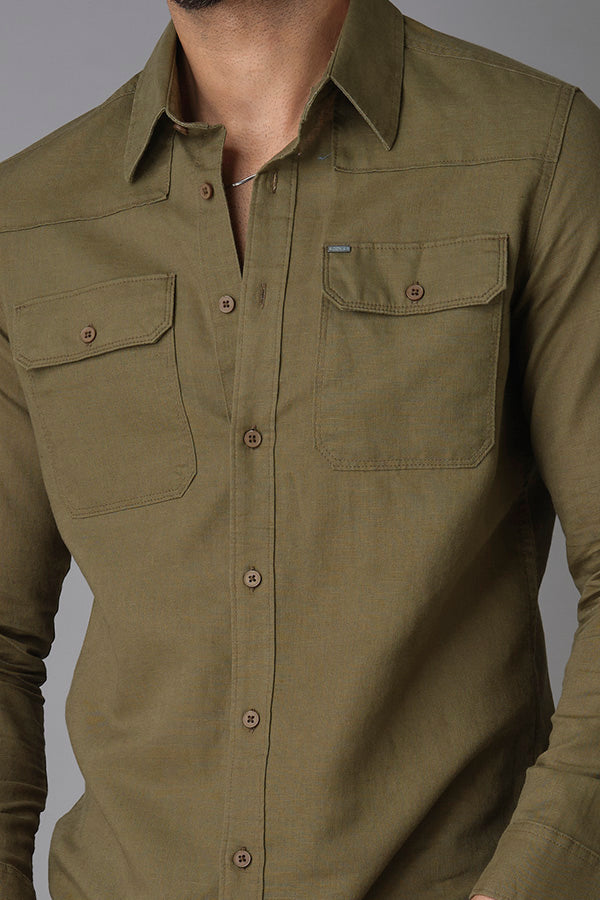 Olive Full Sleeve Linen Shirt (Zack F/Slv Fit)