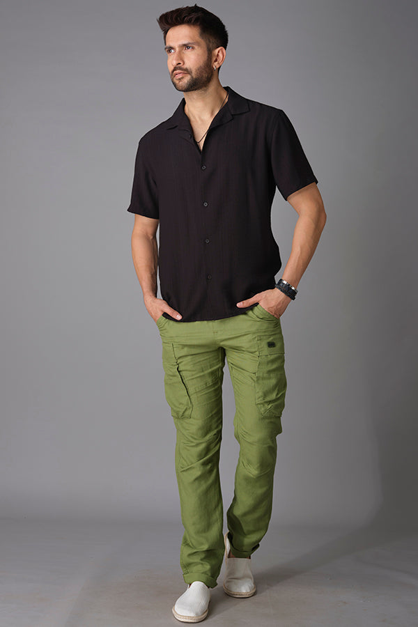 Black Half Sleeve Linen Shirt (Decapario H/Slv Fit)