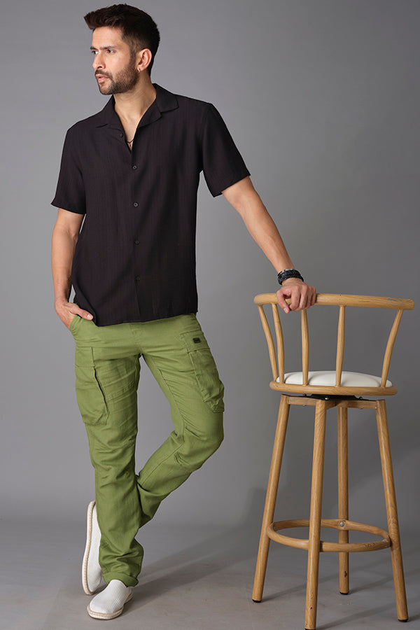 Black Half Sleeve Linen Shirt (Decapario H/Slv Fit)