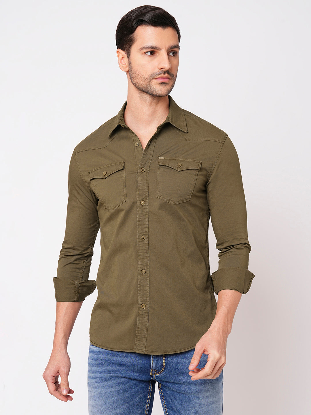 Dk Olive Full Sleeve Solid Shirt (Leo F/Slv Fit)