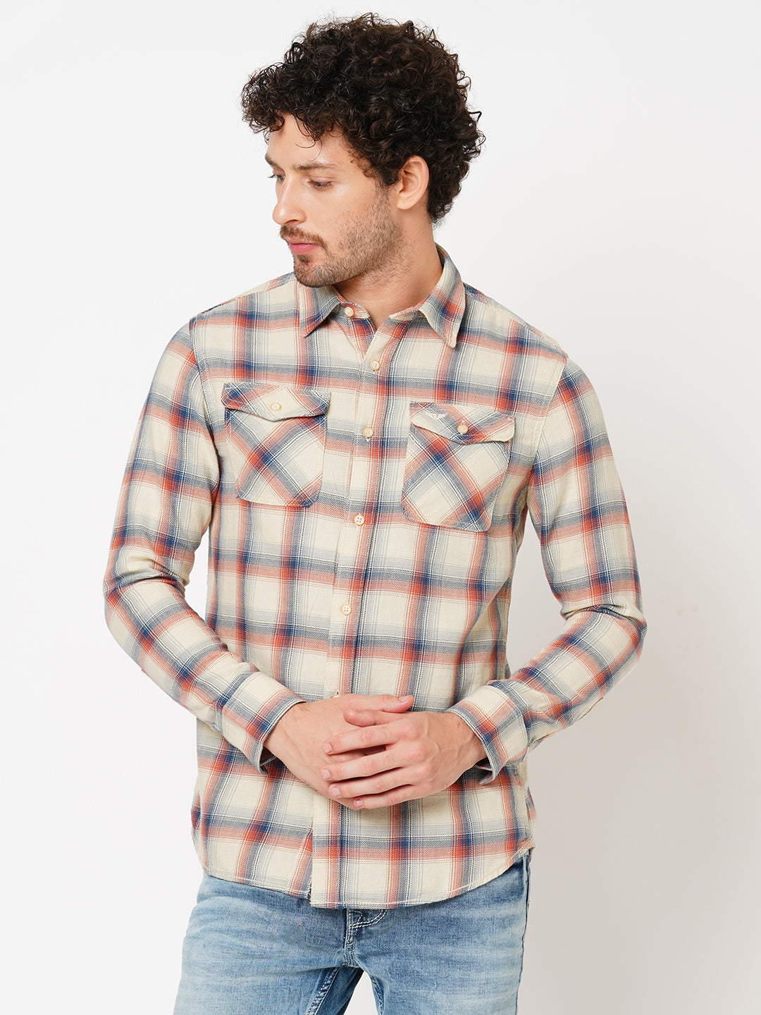 Creame Orange Full Sleeve Check Shirt (Leo F/Slv Fit)