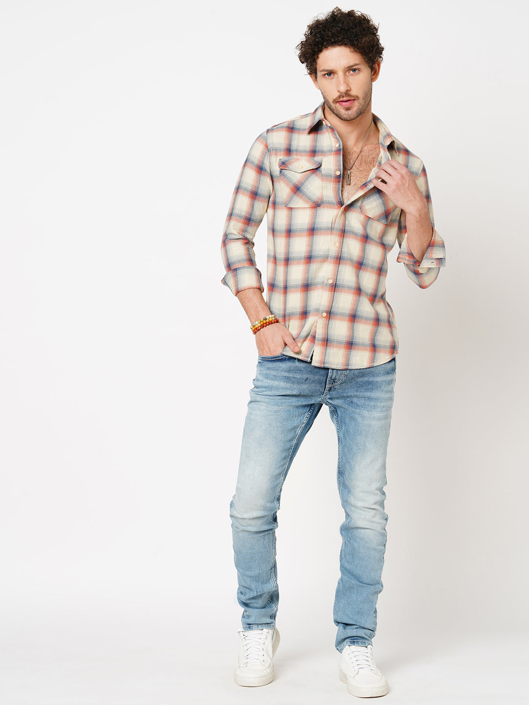 Creame Orange Full Sleeve Check Shirt (Leo F/Slv Fit)