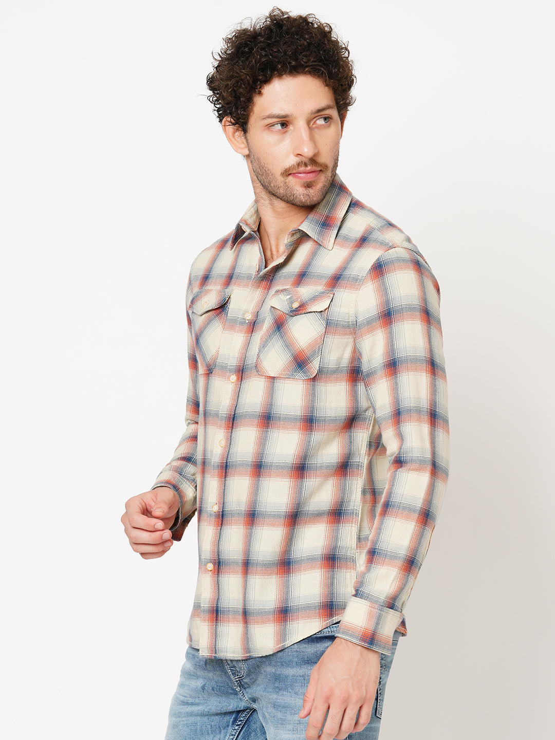 Creame Orange Full Sleeve Check Shirt (Leo F/Slv Fit)