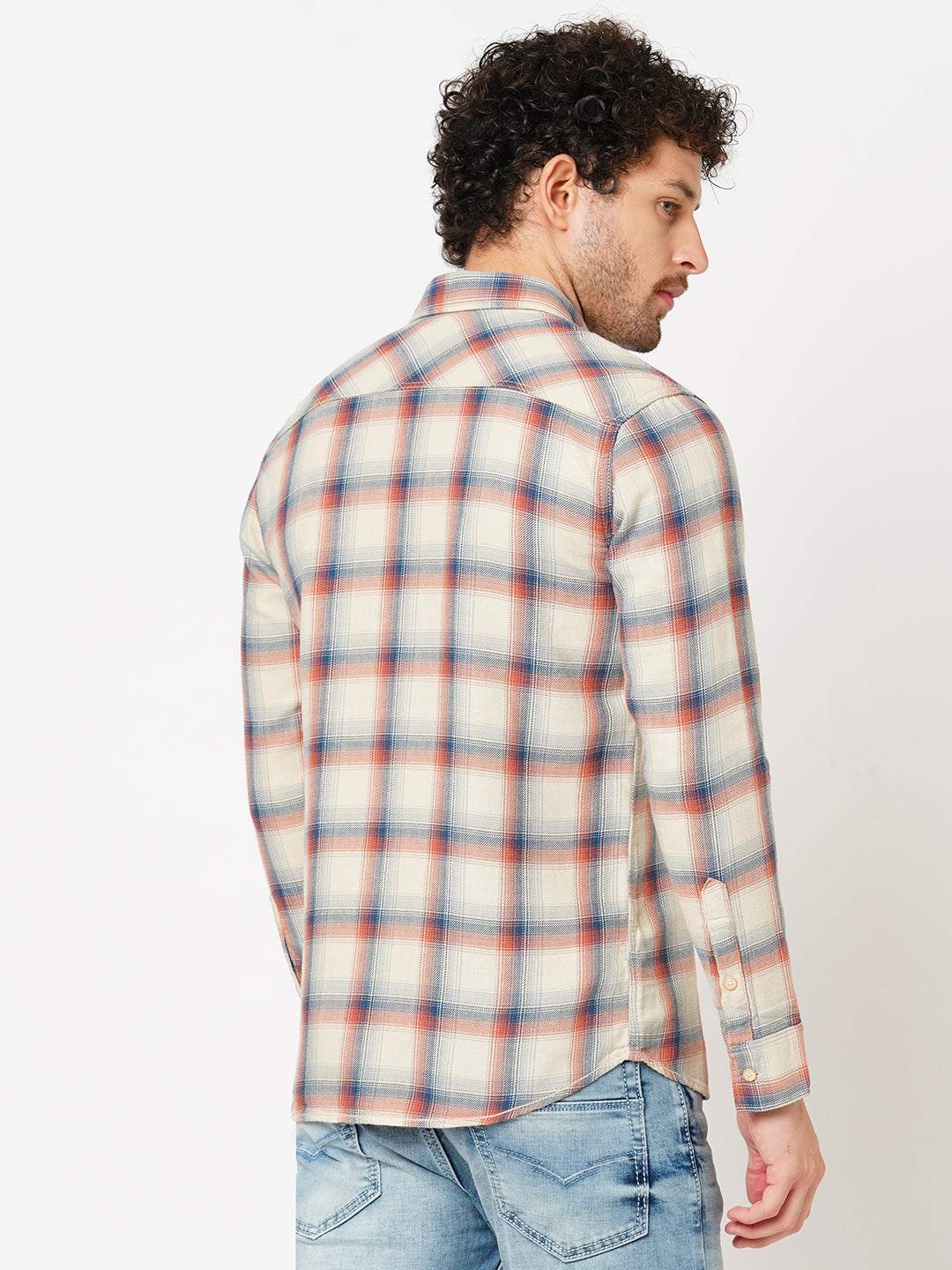 Creame Orange Full Sleeve Check Shirt (Leo F/Slv Fit)