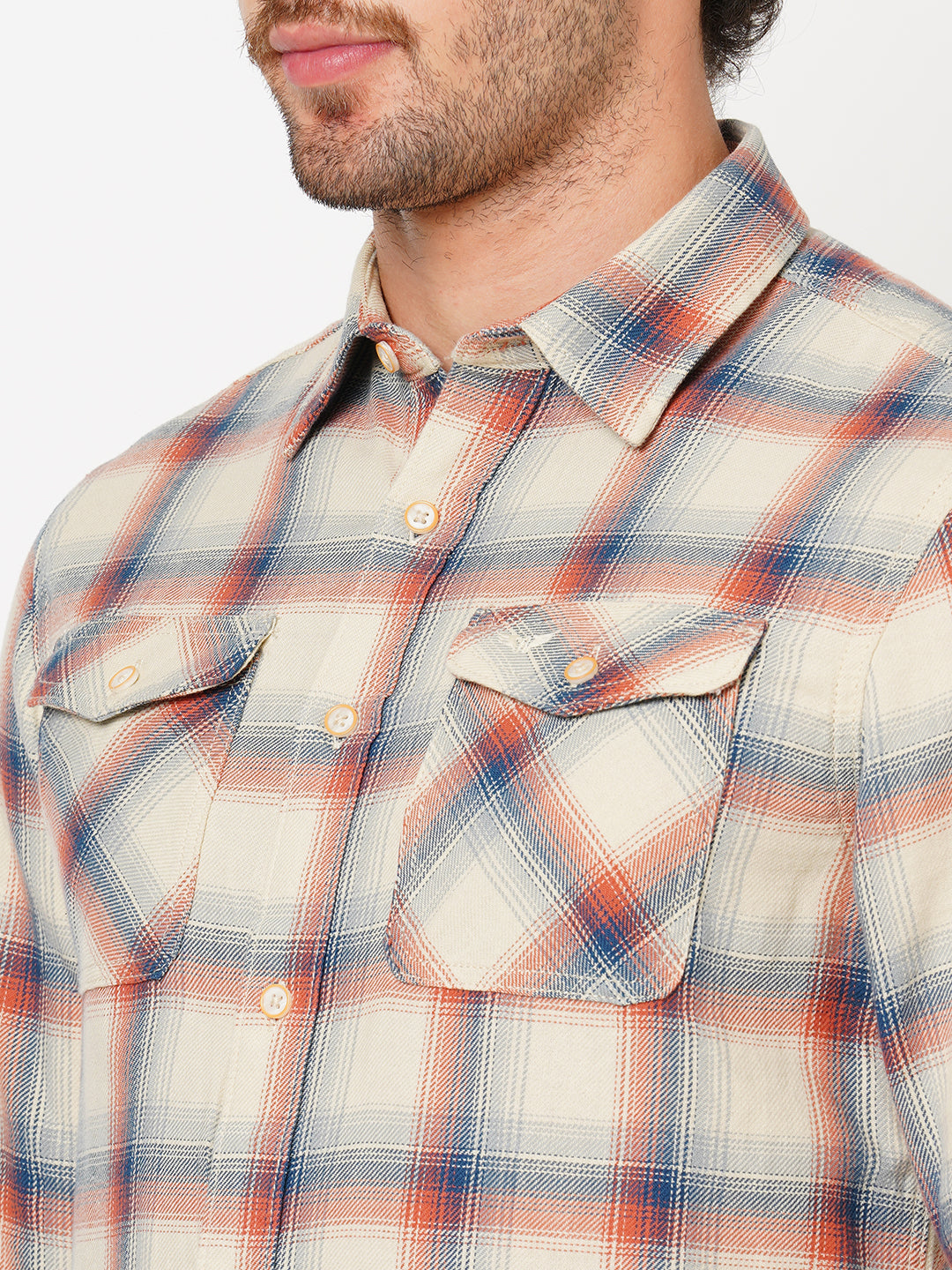 Creame Orange Full Sleeve Check Shirt (Leo F/Slv Fit)