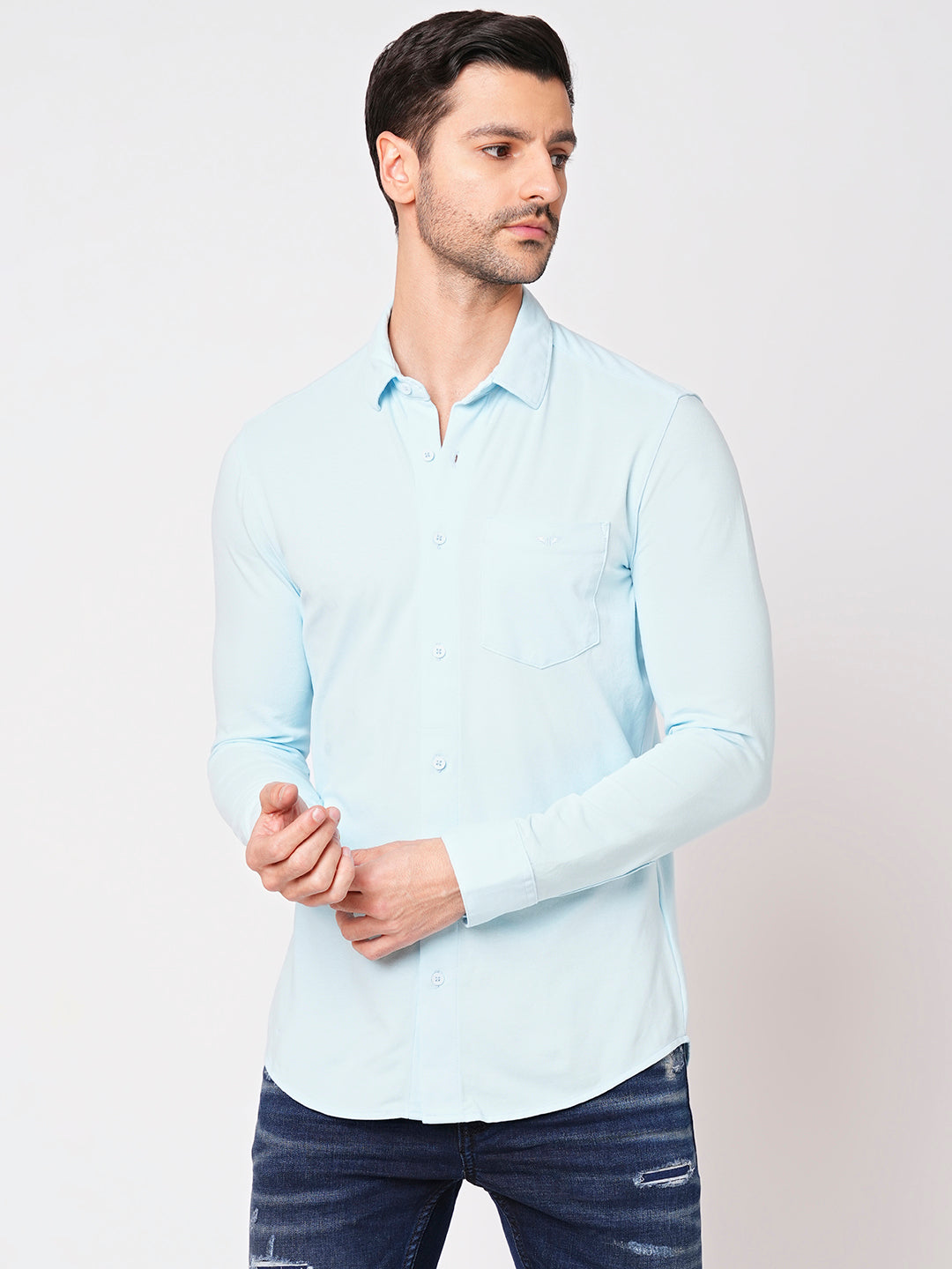 Sky Blue Full Sleeve Knitted Shirt (Stalone F/Slv Fit)