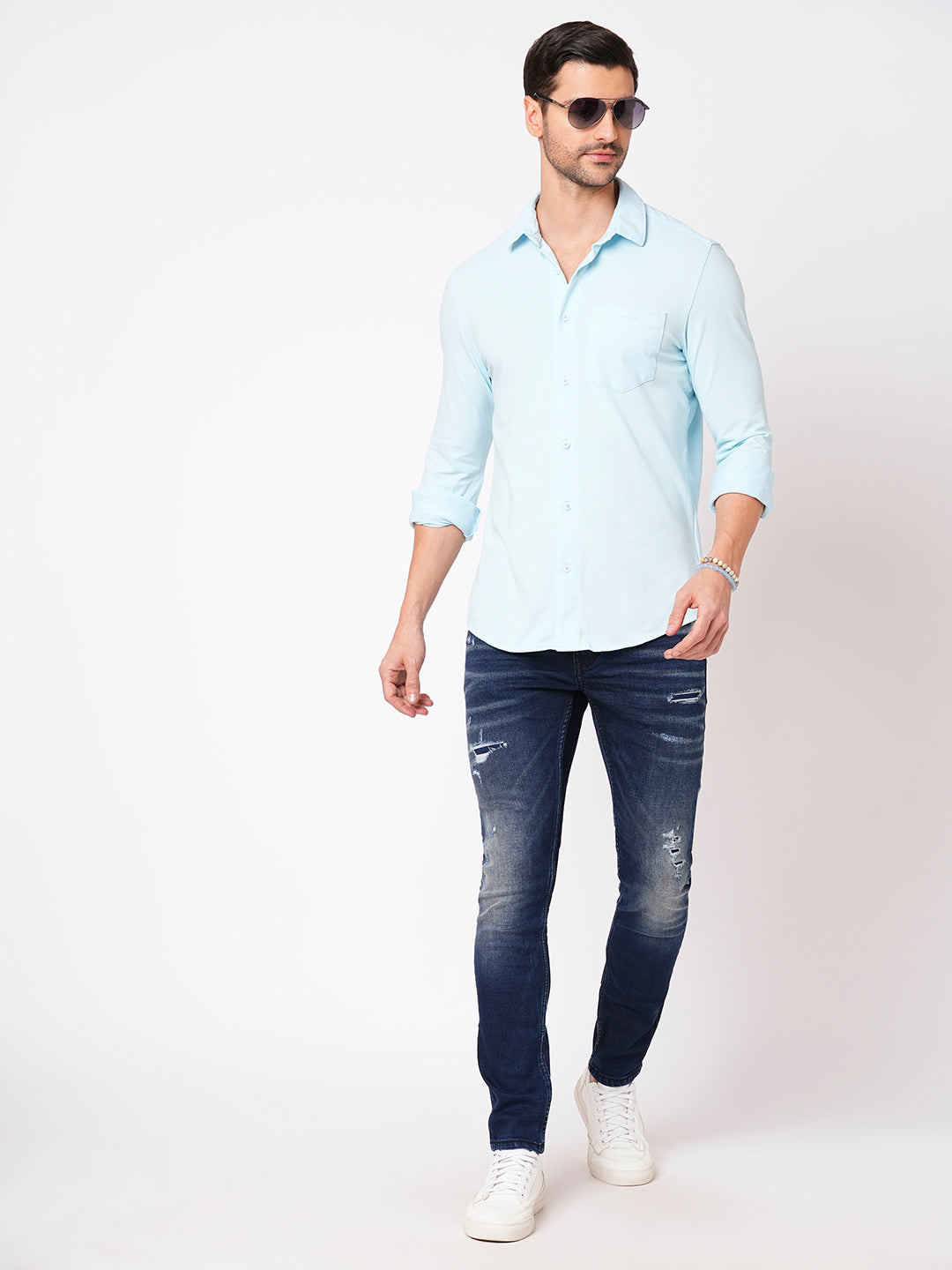 Sky Blue Full Sleeve Knitted Shirt (Stalone F/Slv Fit)