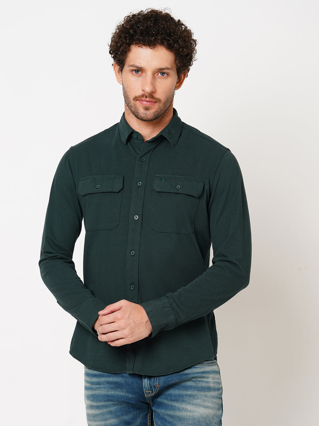 Military Green Full Sleeve Knitted Shirt (Stalone F/Slv Fit)