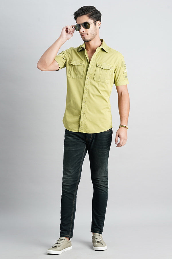 Olive Half Sleeve Solid Shirt (Leo H/Slv Fit)