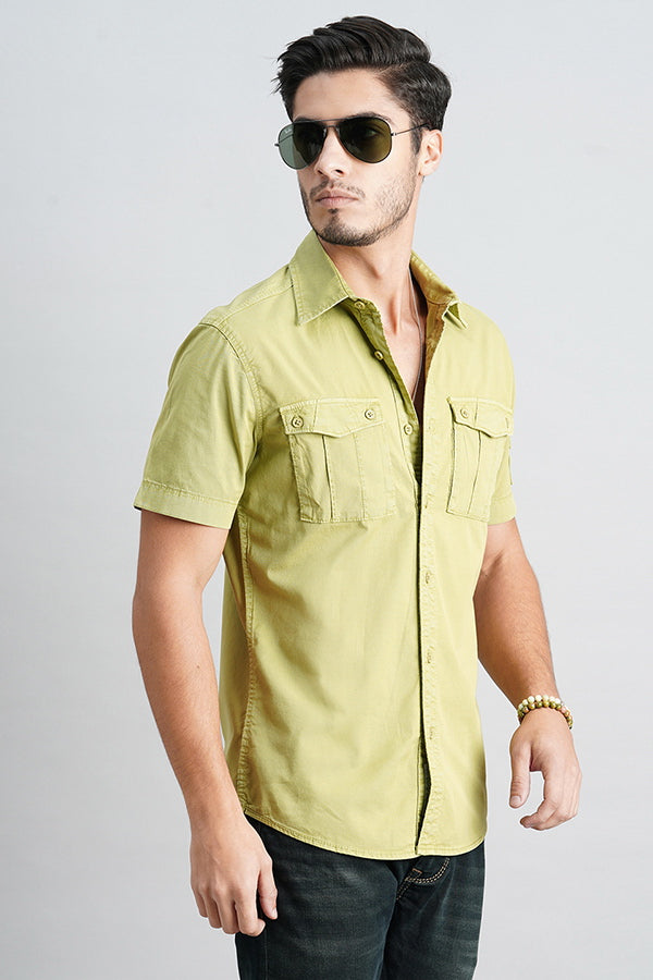 Olive Half Sleeve Solid Shirt (Leo H/Slv Fit)