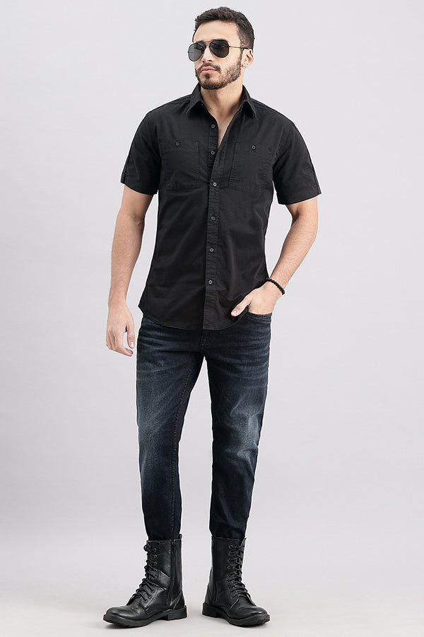 Black Half Sleeve Solid Shirt (Leo H/Slv Fit)