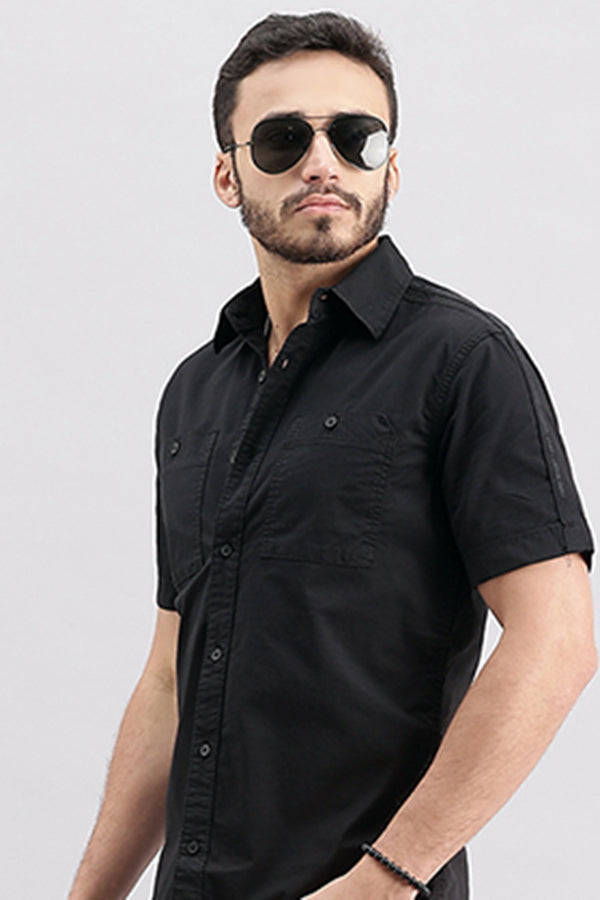 Black Half Sleeve Solid Shirt (Leo H/Slv Fit)