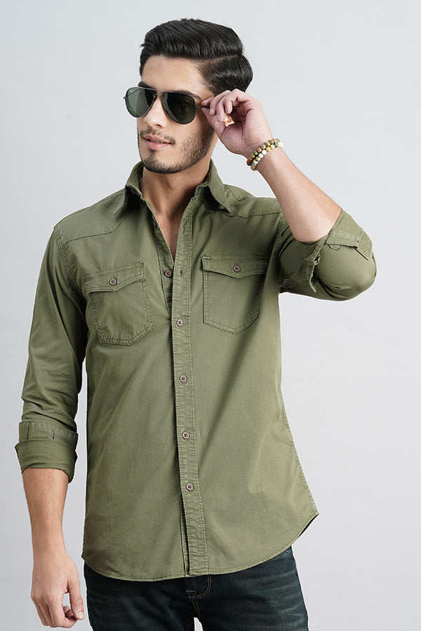 Military Green Full Sleeve Solid Shirt (Leo F/Slv Fit)