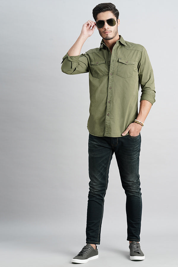 Military Green Full Sleeve Solid Shirt (Leo F/Slv Fit)