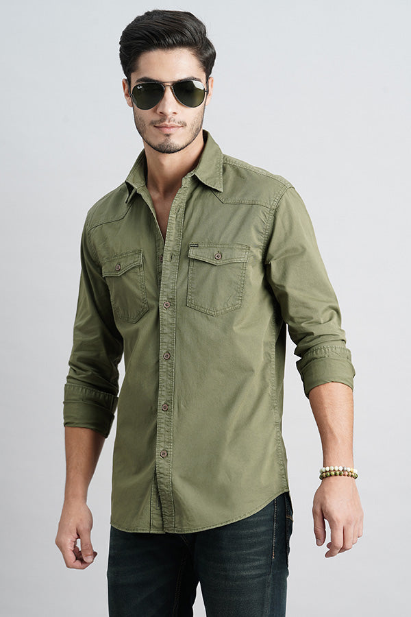 Military Green Full Sleeve Solid Shirt (Leo F/Slv Fit)