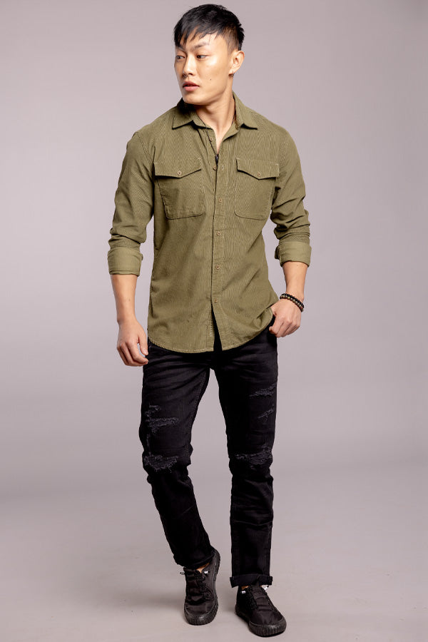 Green Full Sleeves Corduroy Shirt