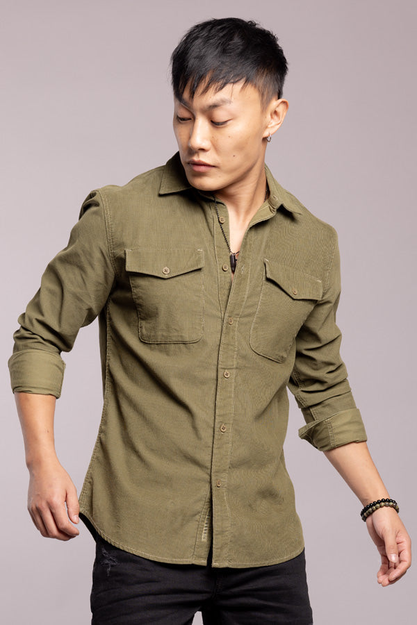 Green Full Sleeves Corduroy Shirt