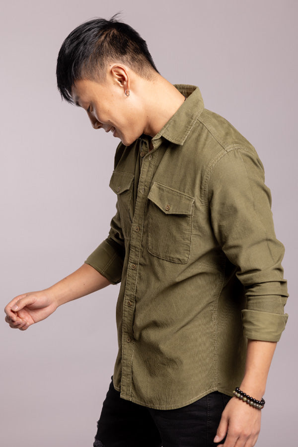 Green Full Sleeves Corduroy Shirt