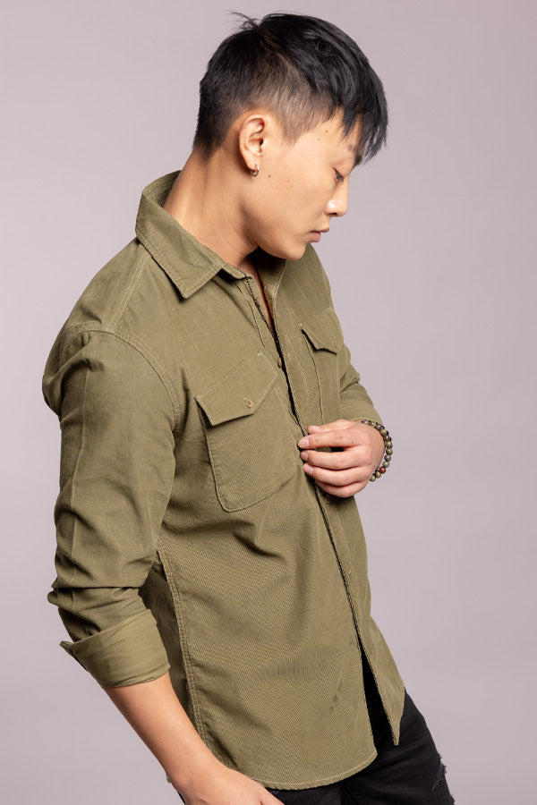 Green Full Sleeves Corduroy Shirt