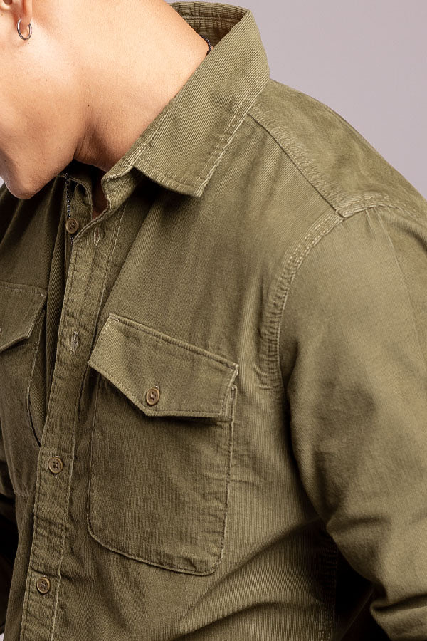 Green Full Sleeves Corduroy Shirt