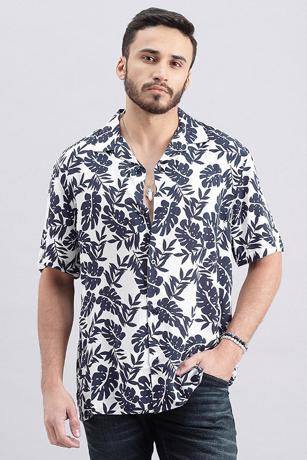 Navy White Half Sleeve Printed Shirt (Decapario H/Slv Fit)