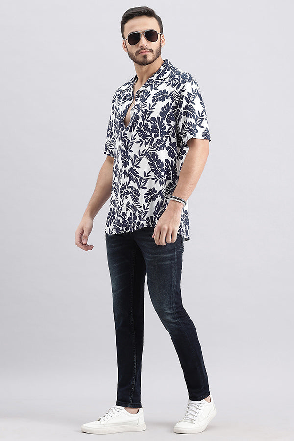 Navy White Half Sleeve Printed Shirt (Decapario H/Slv Fit)