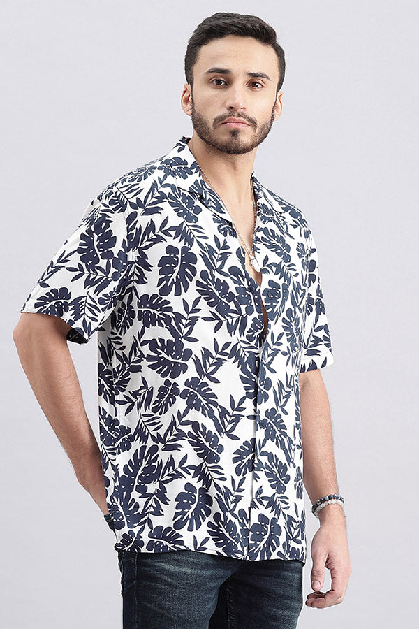 Navy White Half Sleeve Printed Shirt (Decapario H/Slv Fit)