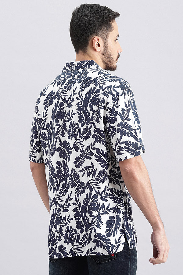 Navy White Half Sleeve Printed Shirt (Decapario H/Slv Fit)