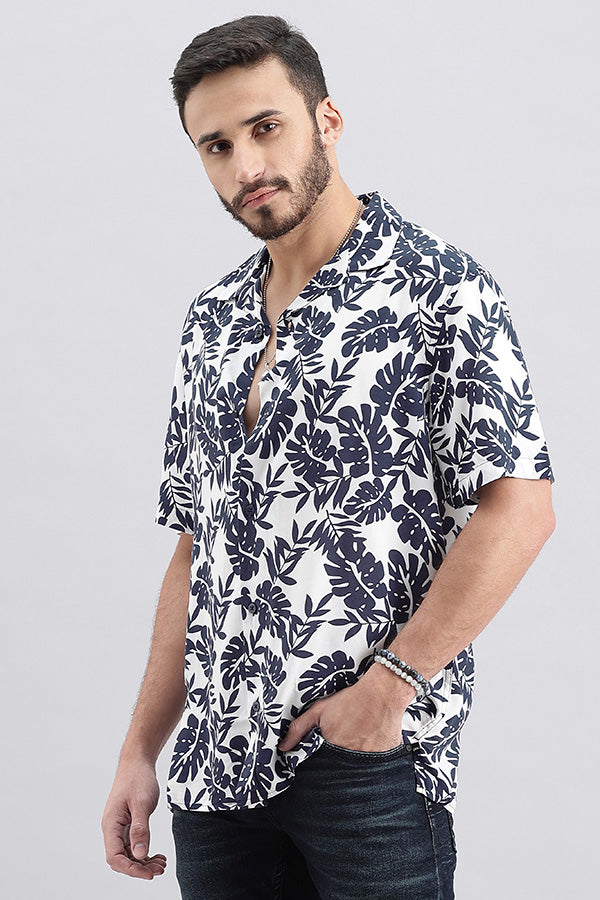 Navy White Half Sleeve Printed Shirt (Decapario H/Slv Fit)