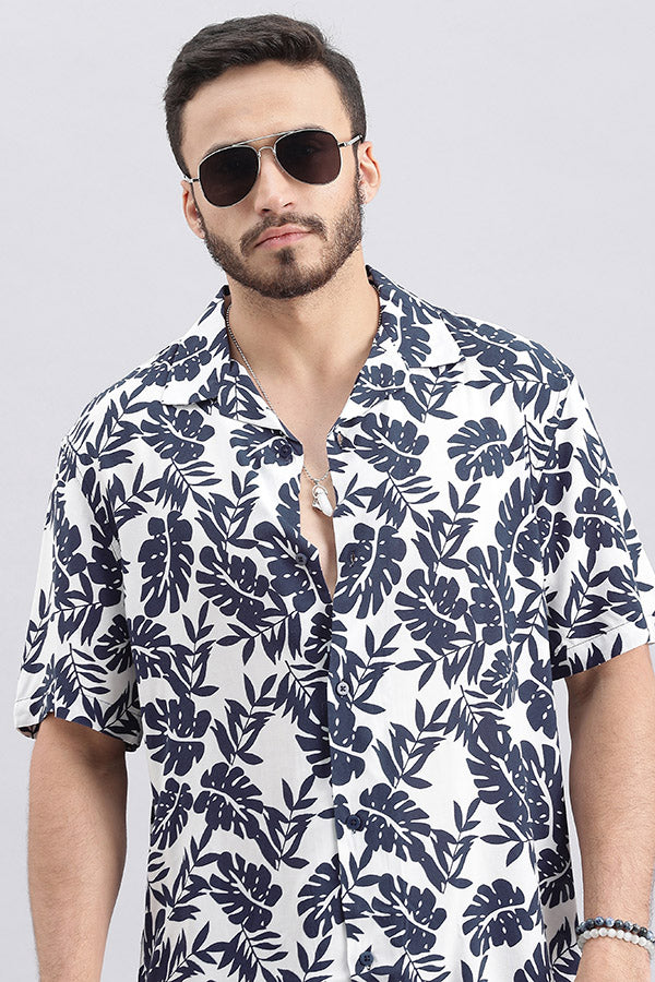 Navy White Half Sleeve Printed Shirt (Decapario H/Slv Fit)