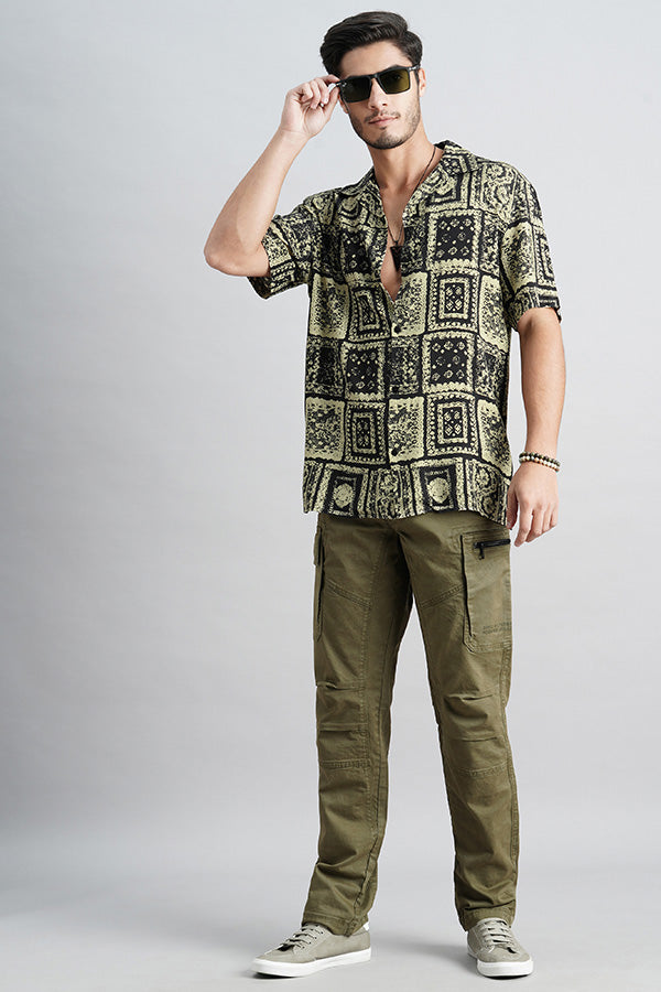 Lt Olive Black Half Sleeve Printed Shirt (Decapario H/Slv Fit)