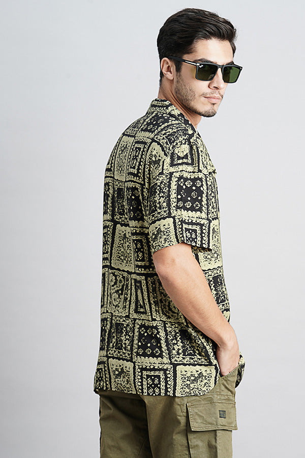 Lt Olive Black Half Sleeve Printed Shirt (Decapario H/Slv Fit)