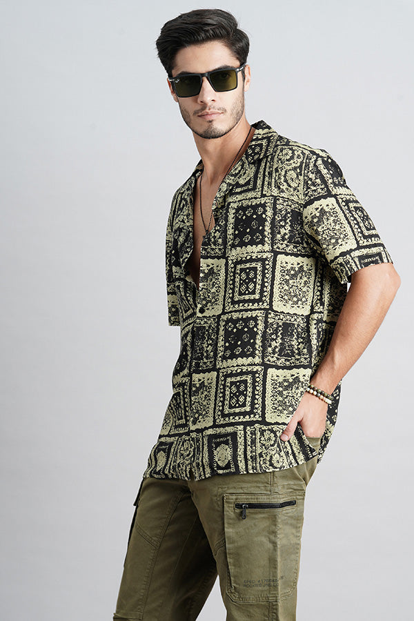 Lt Olive Black Half Sleeve Printed Shirt (Decapario H/Slv Fit)