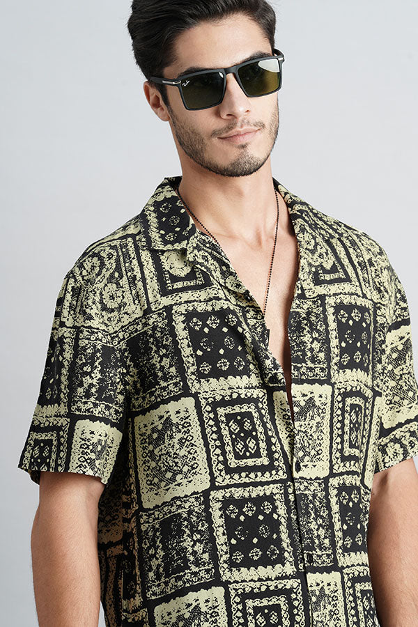 Lt Olive Black Half Sleeve Printed Shirt (Decapario H/Slv Fit)