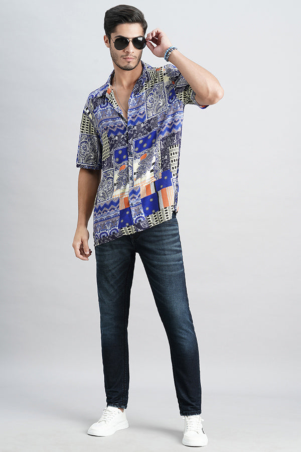 Royal Blue Half Sleeve Printed Shirt (Decapario H/Slv Fit)