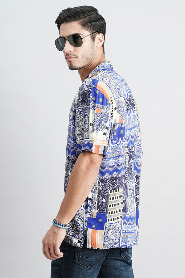 Royal Blue Half Sleeve Printed Shirt (Decapario H/Slv Fit)