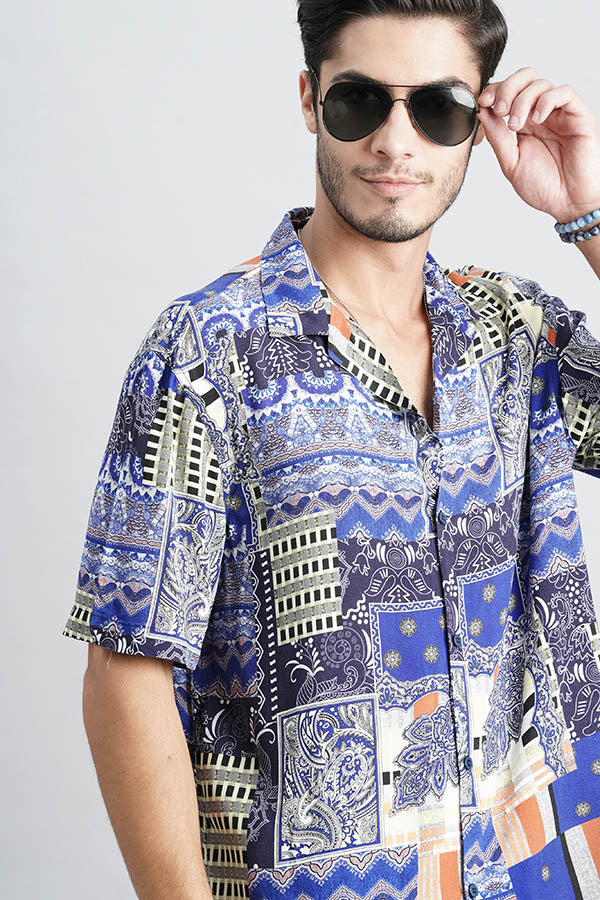 Royal Blue Half Sleeve Printed Shirt (Decapario H/Slv Fit)