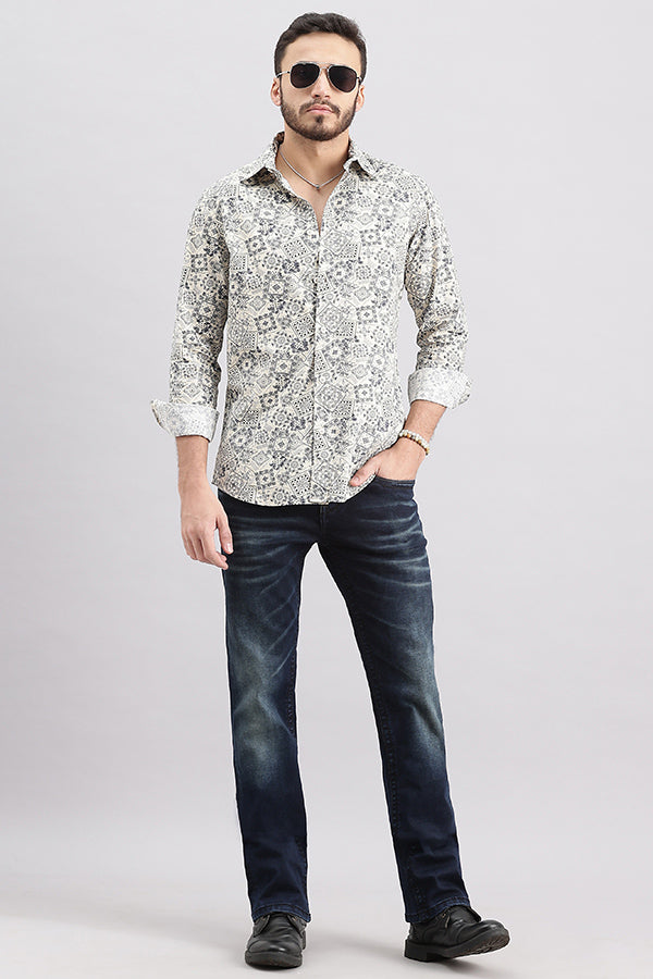 Beige Full Sleeve Printed Shirt (Zack F/Slv Fit)