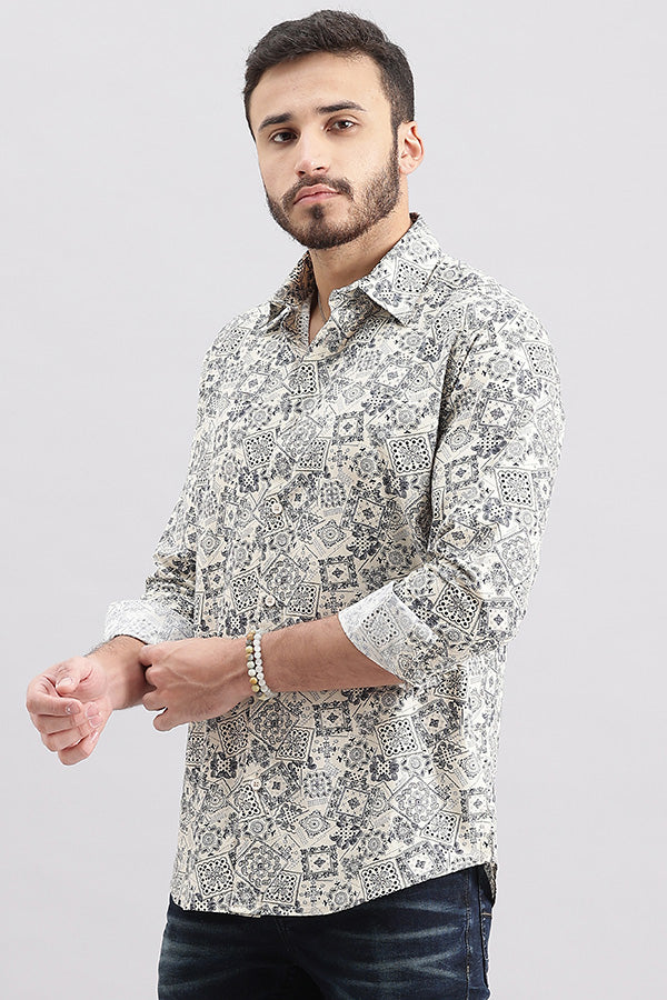 Beige Full Sleeve Printed Shirt (Zack F/Slv Fit)