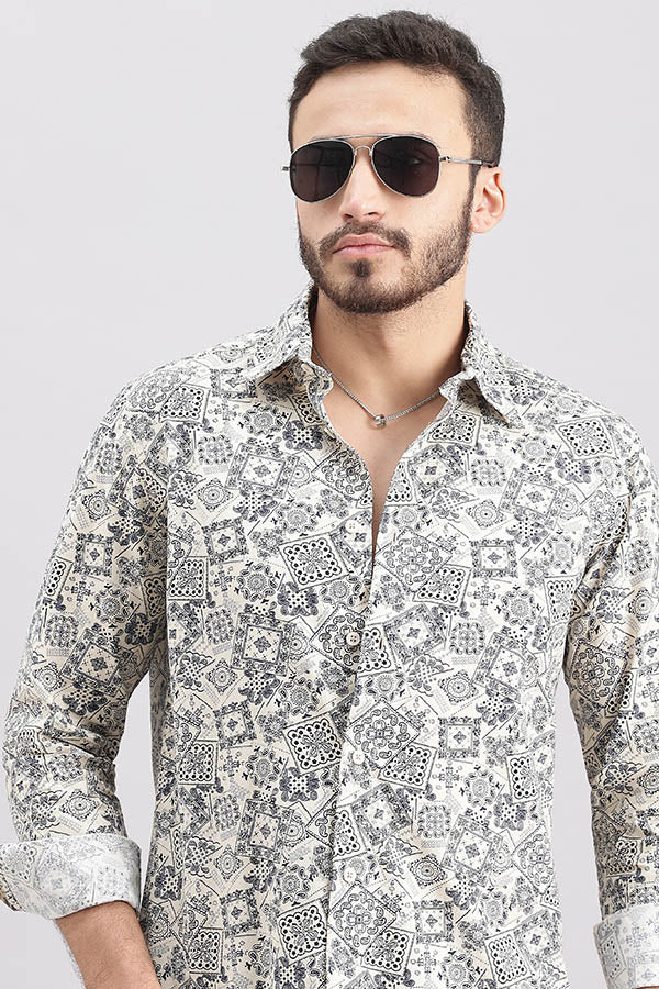 Beige Full Sleeve Printed Shirt (Zack F/Slv Fit)